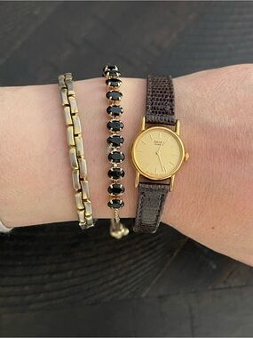 Seiko Gold-Tone Dial Watch with Dark Brown Leather Strap